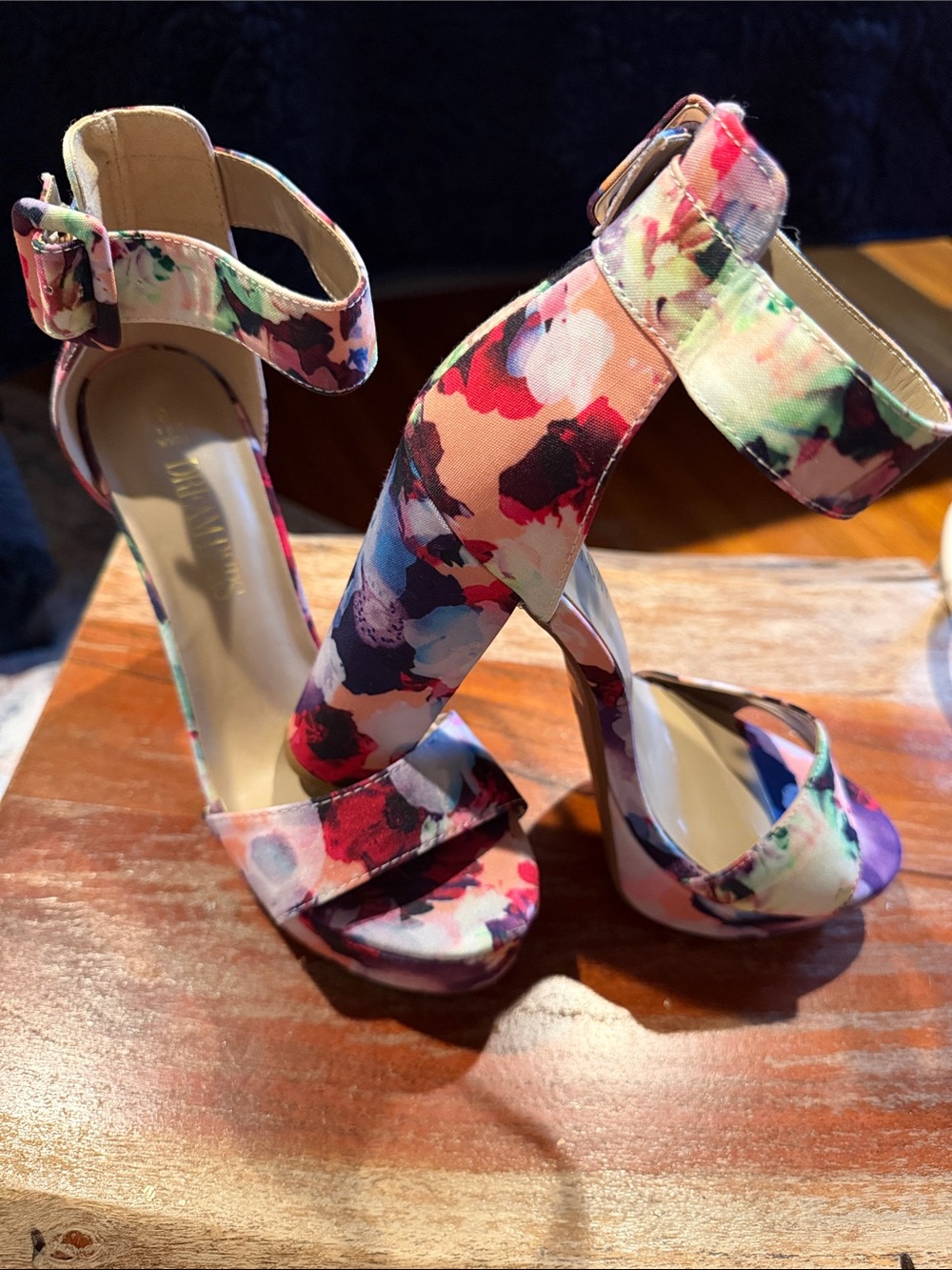 Dream Pairs Floral Ankle-Strap Platform Heels in Pink, Purple, Green